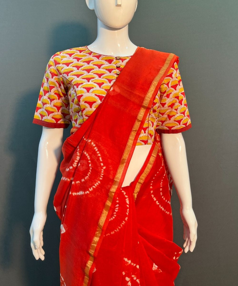 Red white shibori printed chanderi silk saree