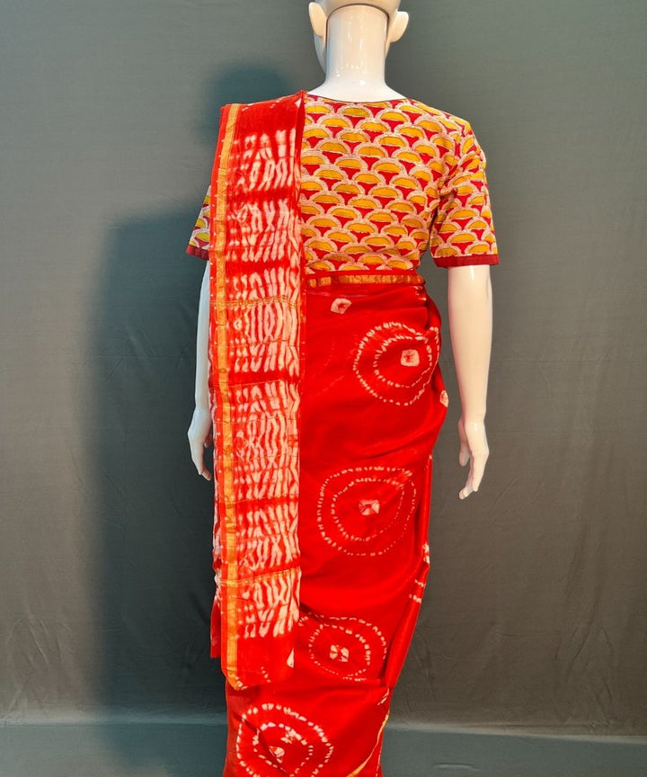 Red white shibori printed chanderi silk saree