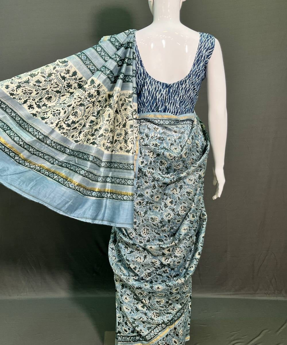 Grey hand block printed chanderi silk saree