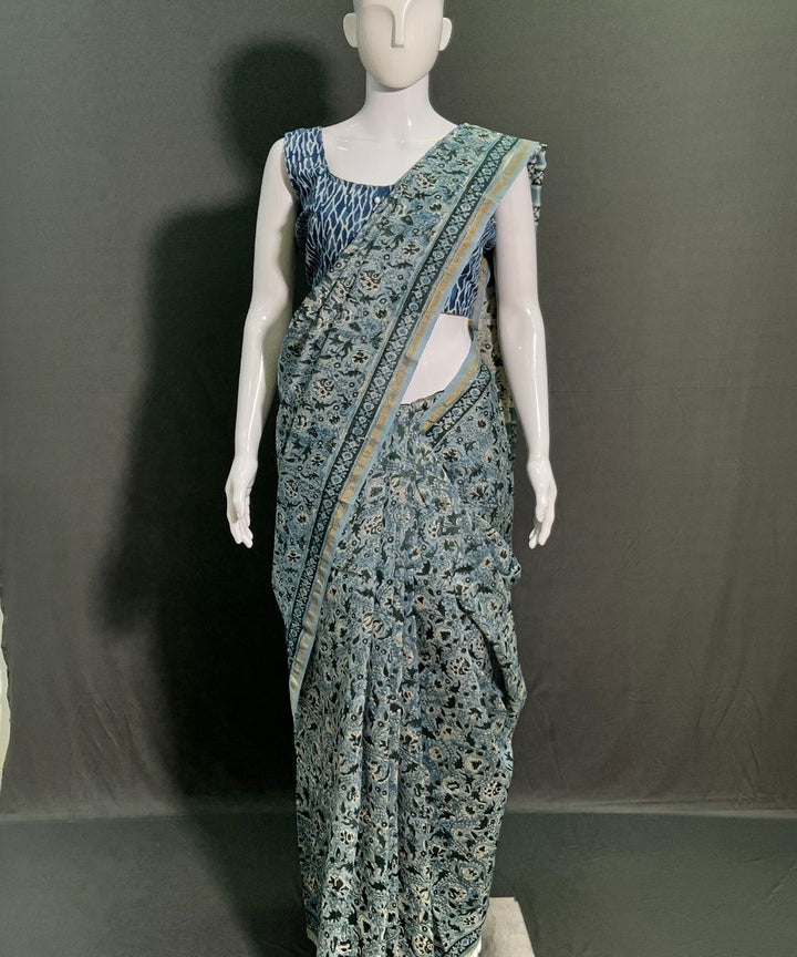 Grey hand block printed chanderi silk saree