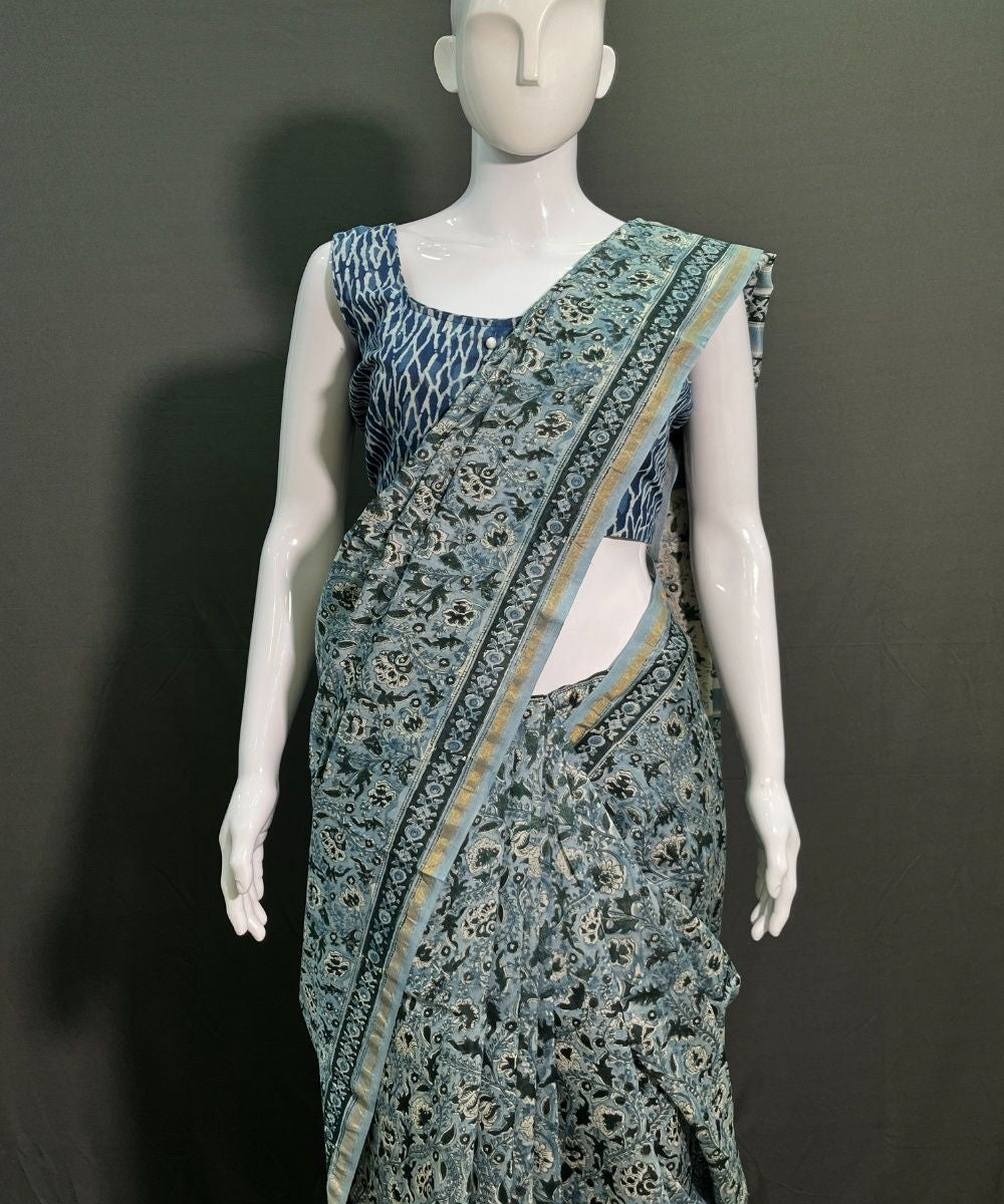 Grey hand block printed chanderi silk saree