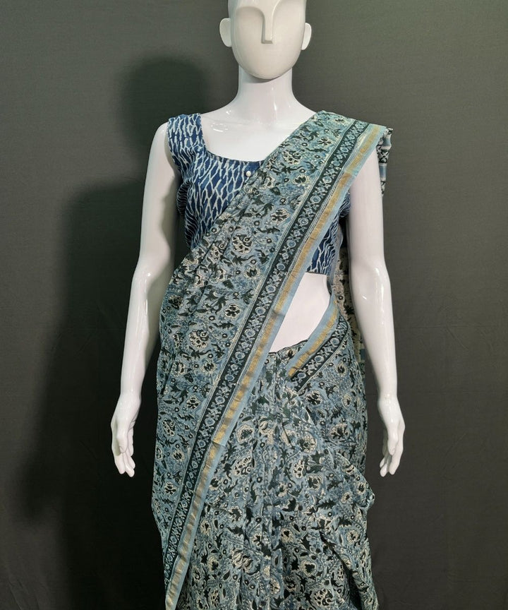 Grey hand block printed chanderi silk saree
