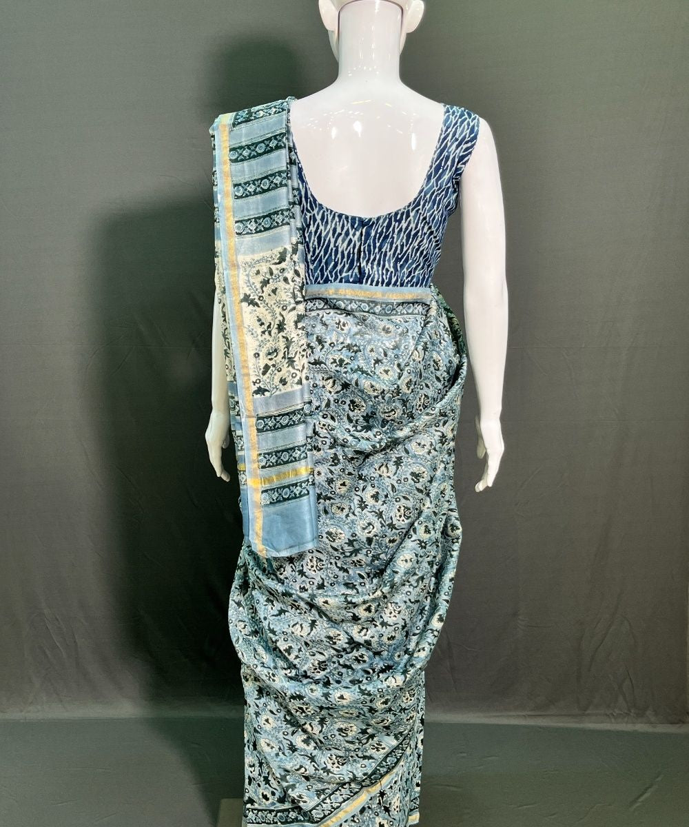 Grey hand block printed chanderi silk saree
