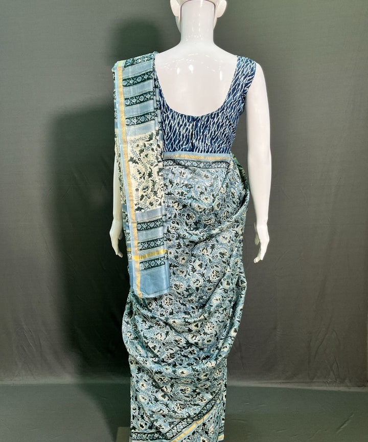 Grey hand block printed chanderi silk saree