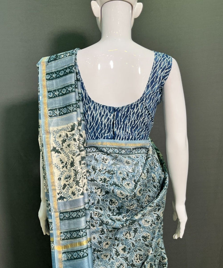 Grey hand block printed chanderi silk saree