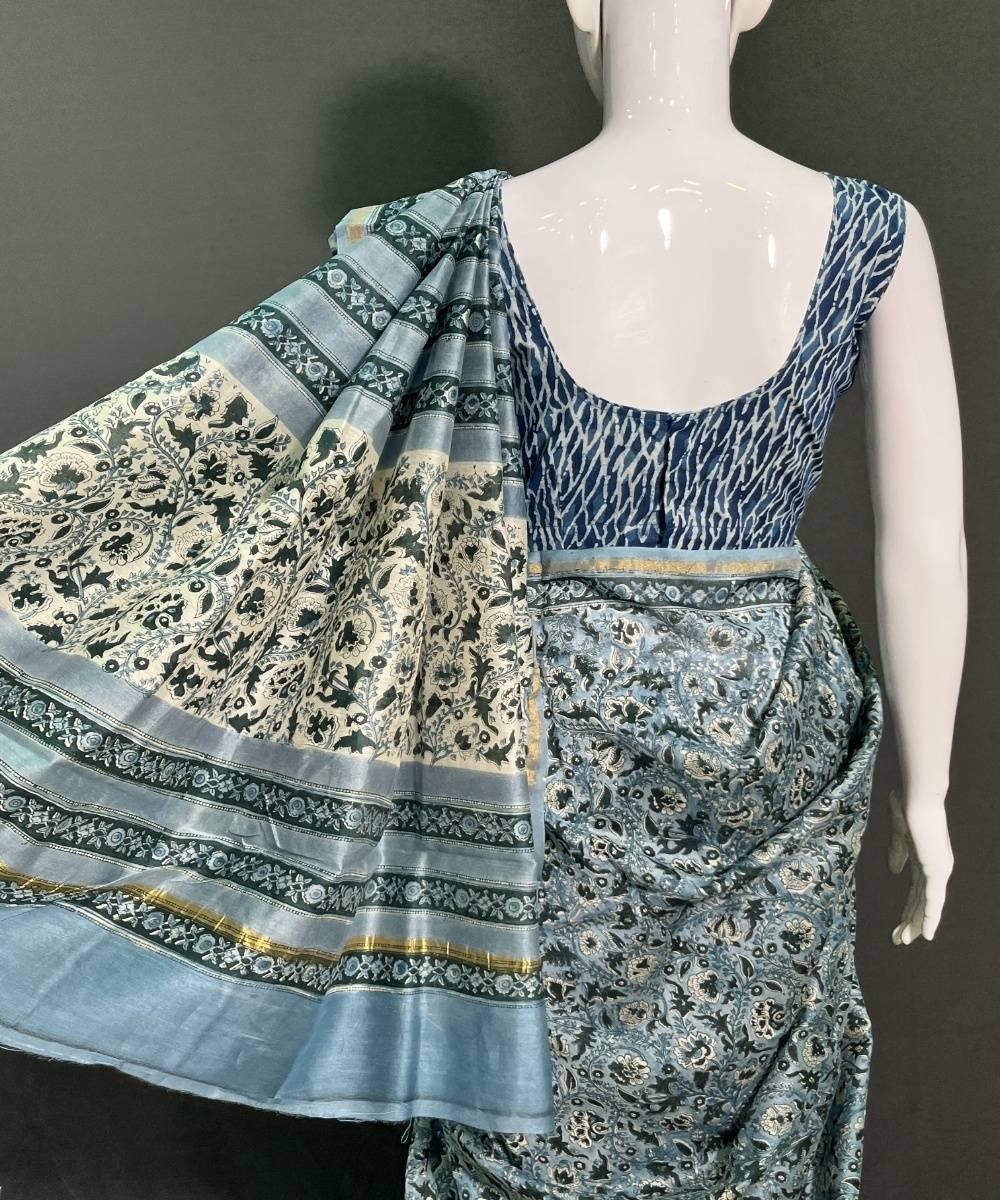Grey hand block printed chanderi silk saree