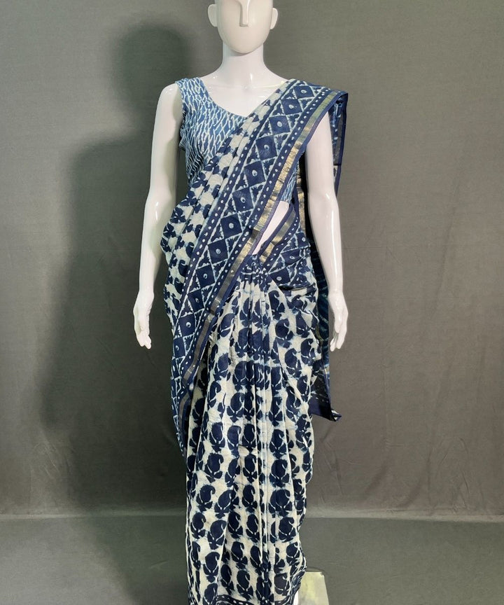 Indigo white hand block bagru printed chanderi silk saree