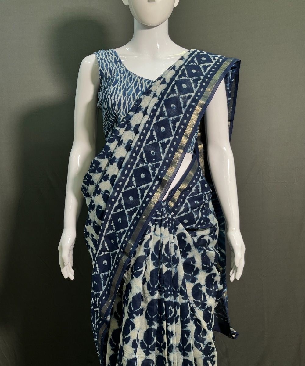 Indigo white hand block bagru printed chanderi silk saree