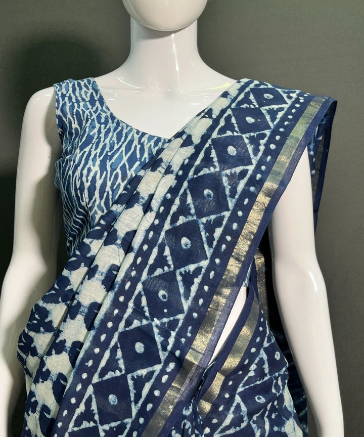Indigo white hand block bagru printed chanderi silk saree