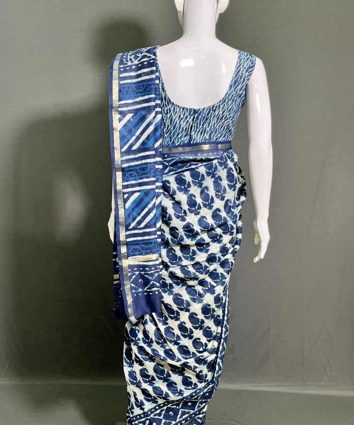 Indigo white hand block bagru printed chanderi silk saree