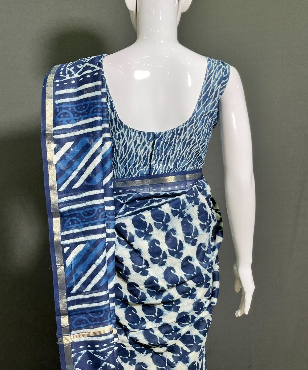 Indigo white hand block bagru printed chanderi silk saree