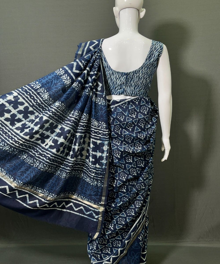Indigo hand-block bagru printed chanderi silk saree