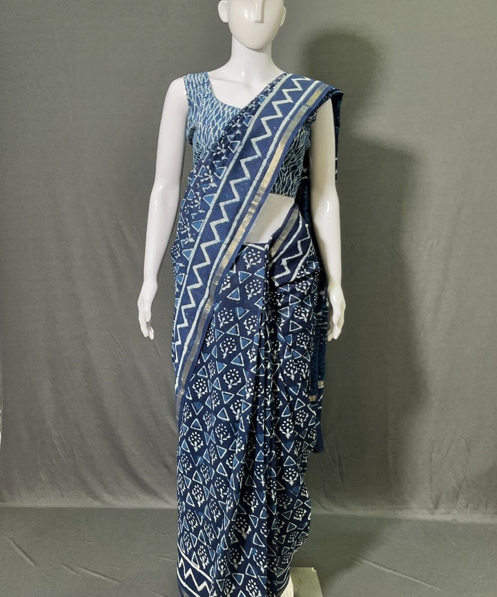 Indigo hand-block bagru printed chanderi silk saree