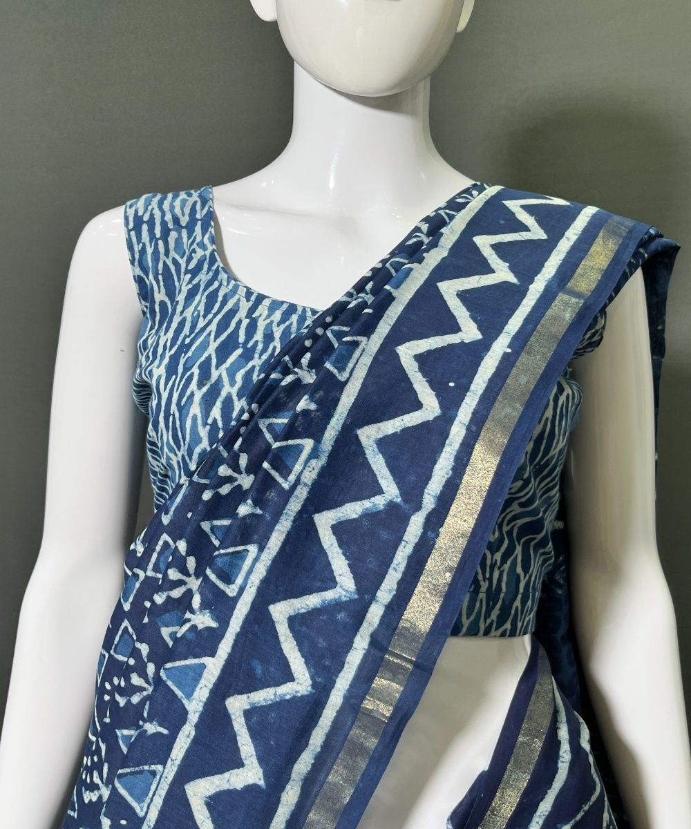 Indigo hand-block bagru printed chanderi silk saree