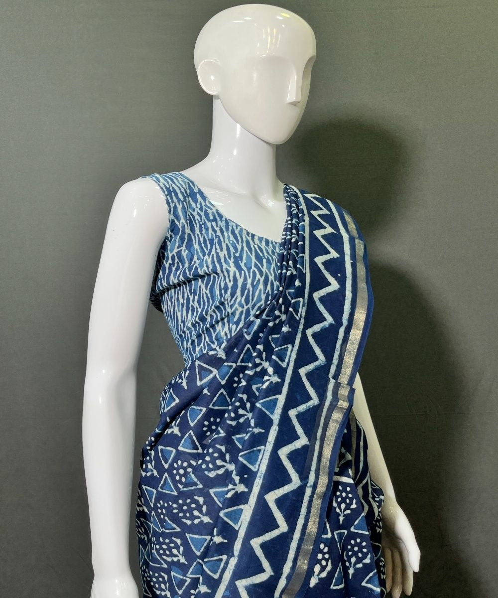 Indigo hand-block bagru printed chanderi silk saree