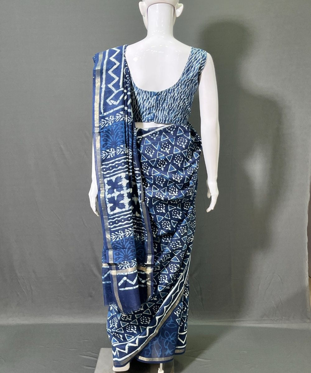 Indigo hand-block bagru printed chanderi silk saree