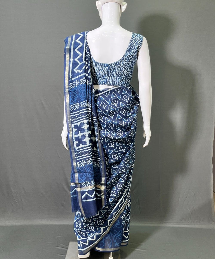 Indigo hand-block bagru printed chanderi silk saree