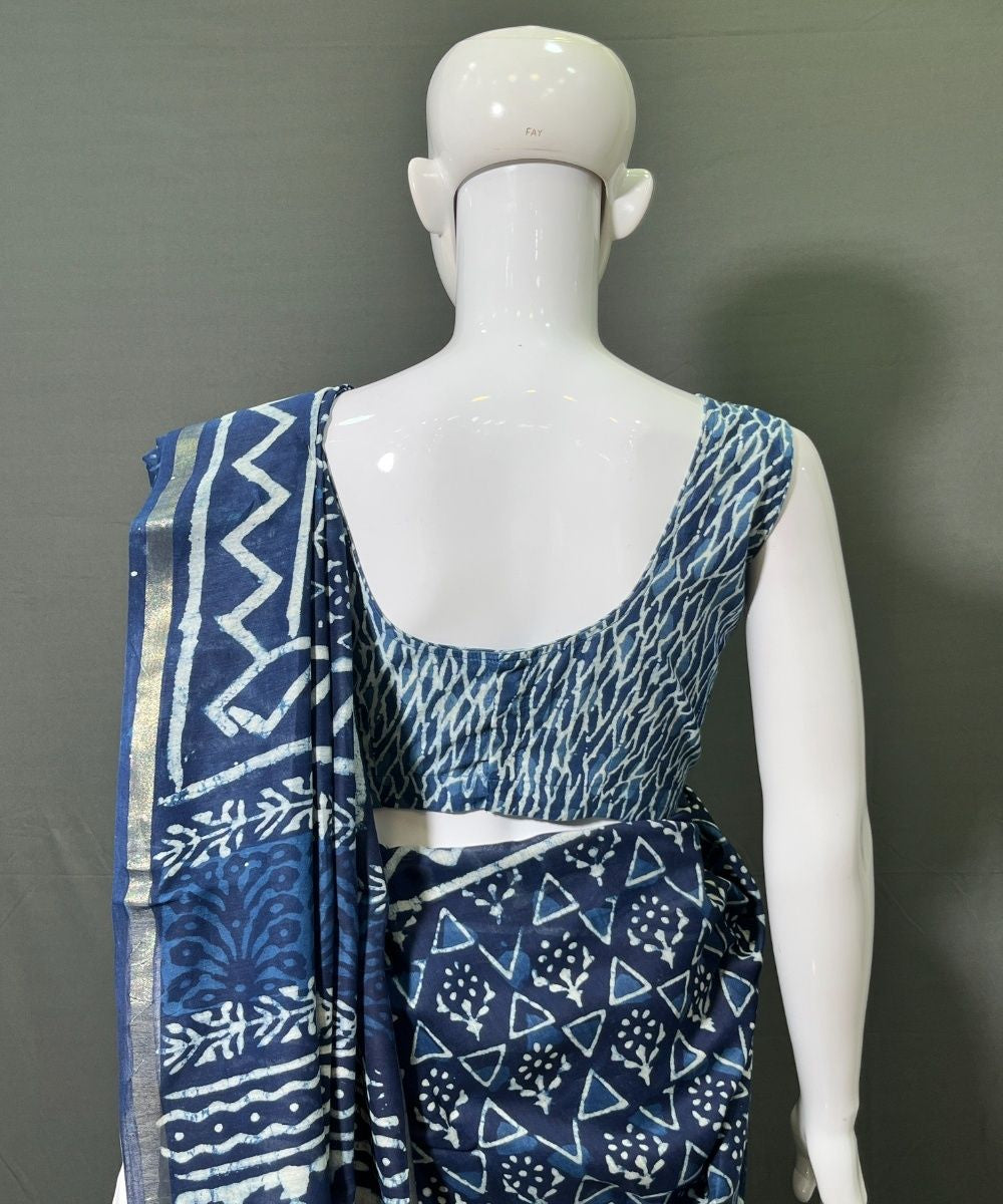 Indigo hand-block bagru printed chanderi silk saree