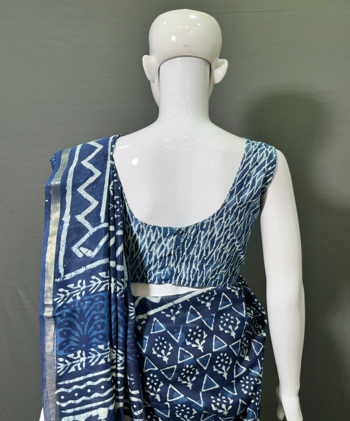Indigo hand-block bagru printed chanderi silk saree