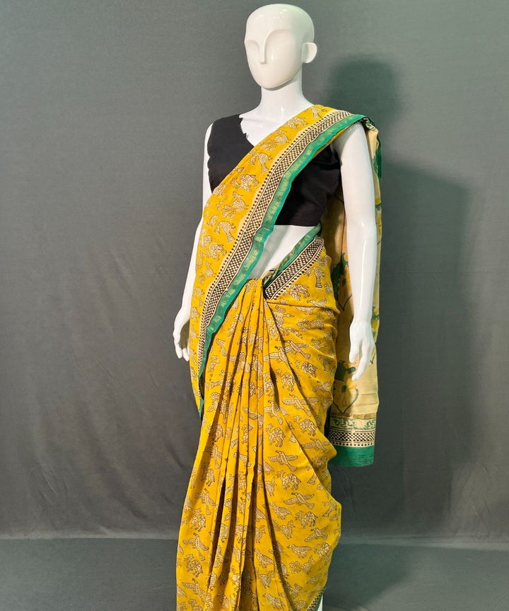 Yellow hand block printed chanderi silk saree