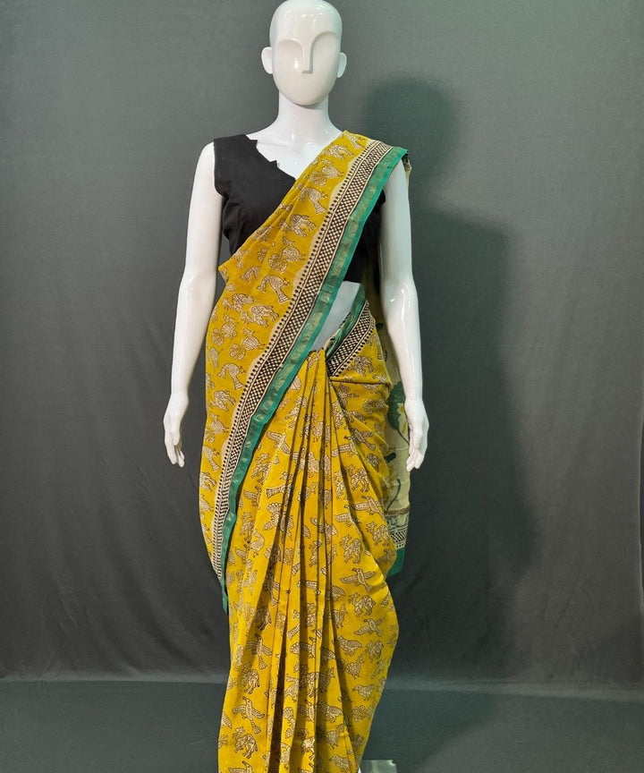Yellow hand block printed chanderi silk saree