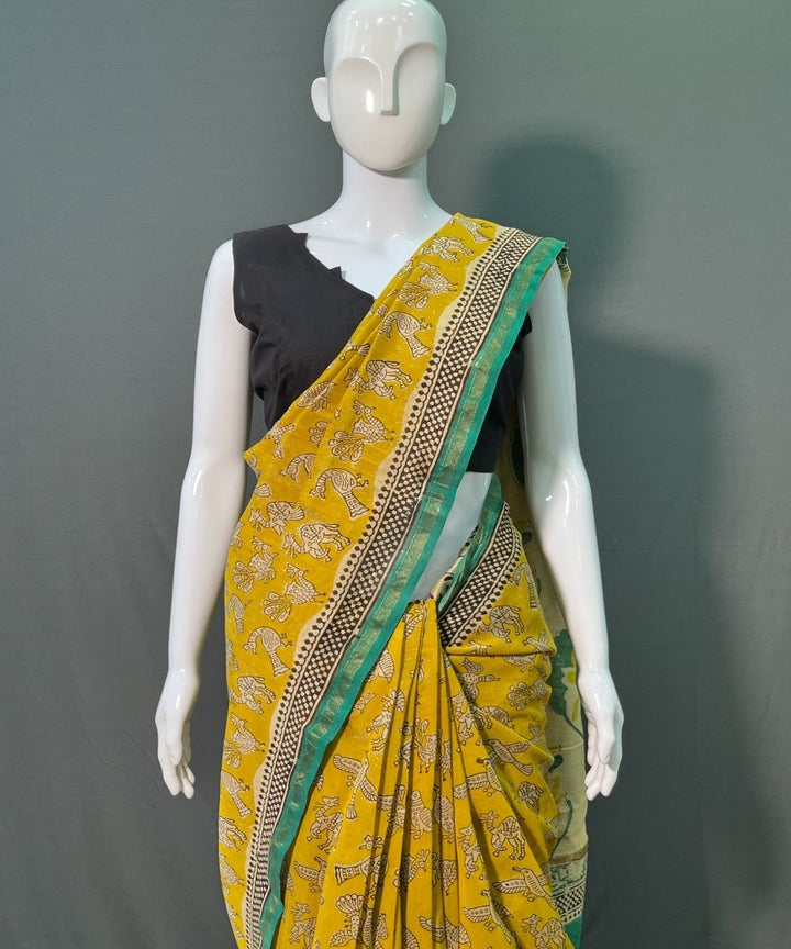 Yellow hand block printed chanderi silk saree