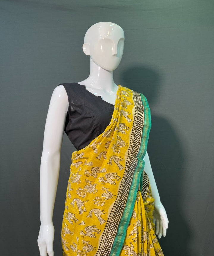Yellow hand block printed chanderi silk saree