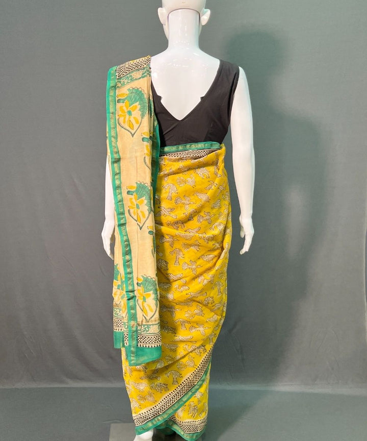 Yellow hand block printed chanderi silk saree