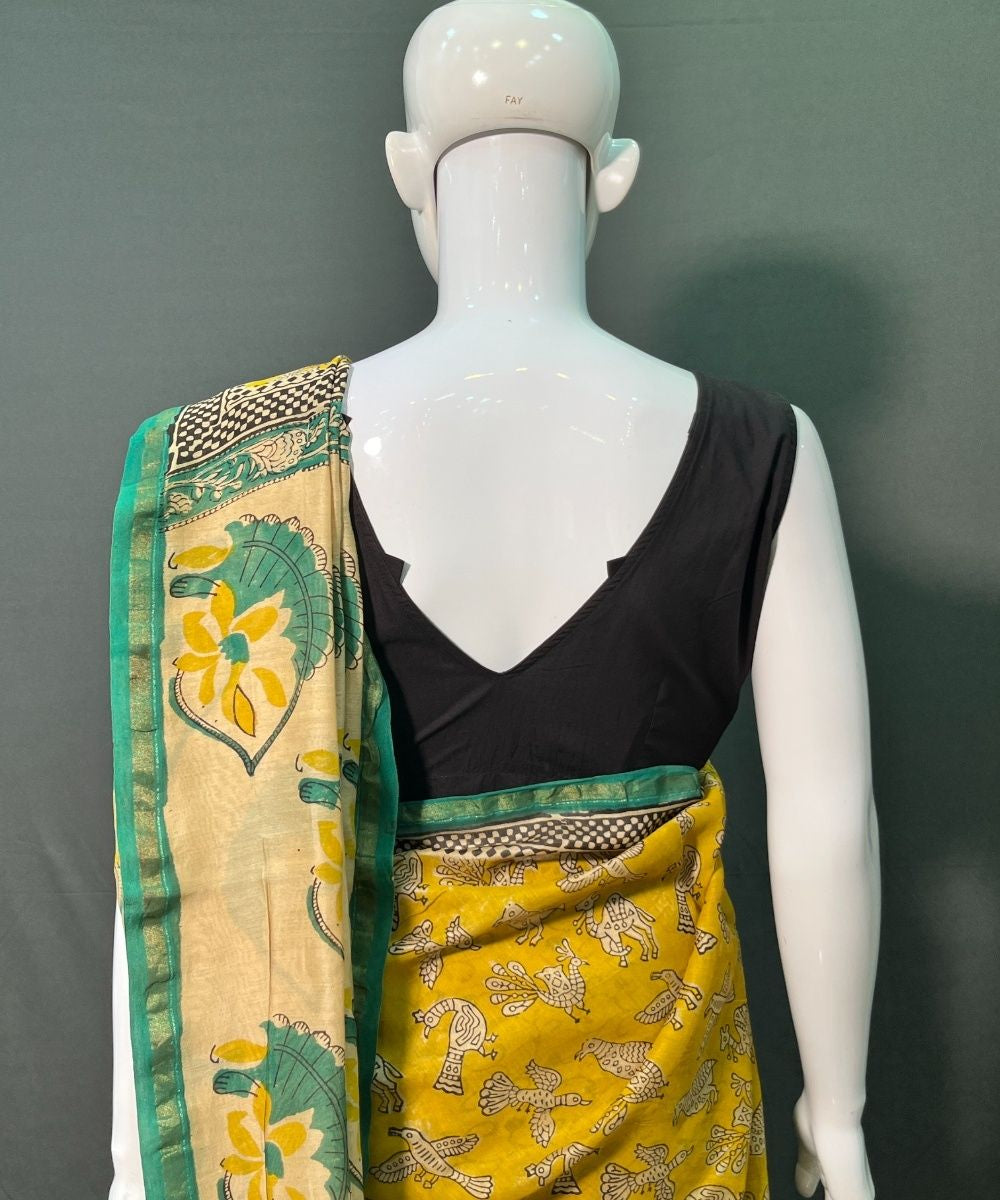 Yellow hand block printed chanderi silk saree