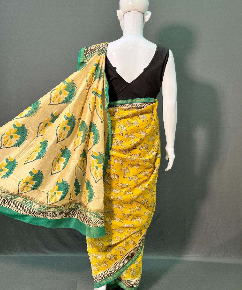 Yellow hand block printed chanderi silk saree