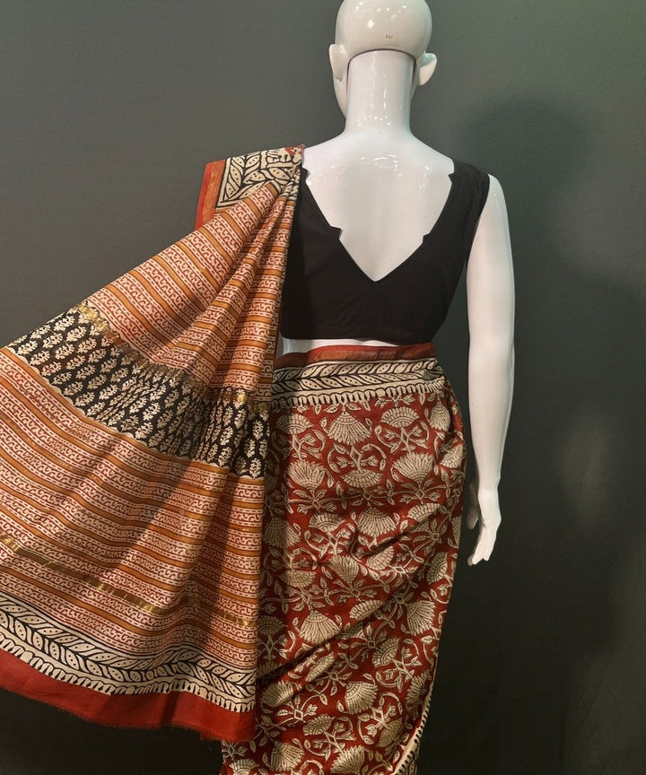 Brown hand block printed chanderi silk saree