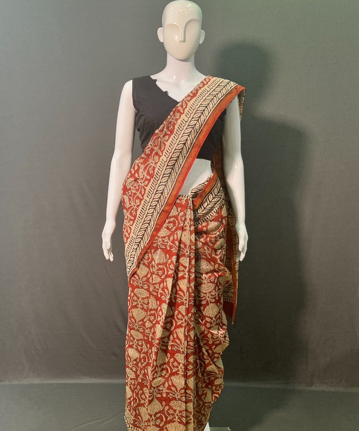 Brown hand block printed chanderi silk saree