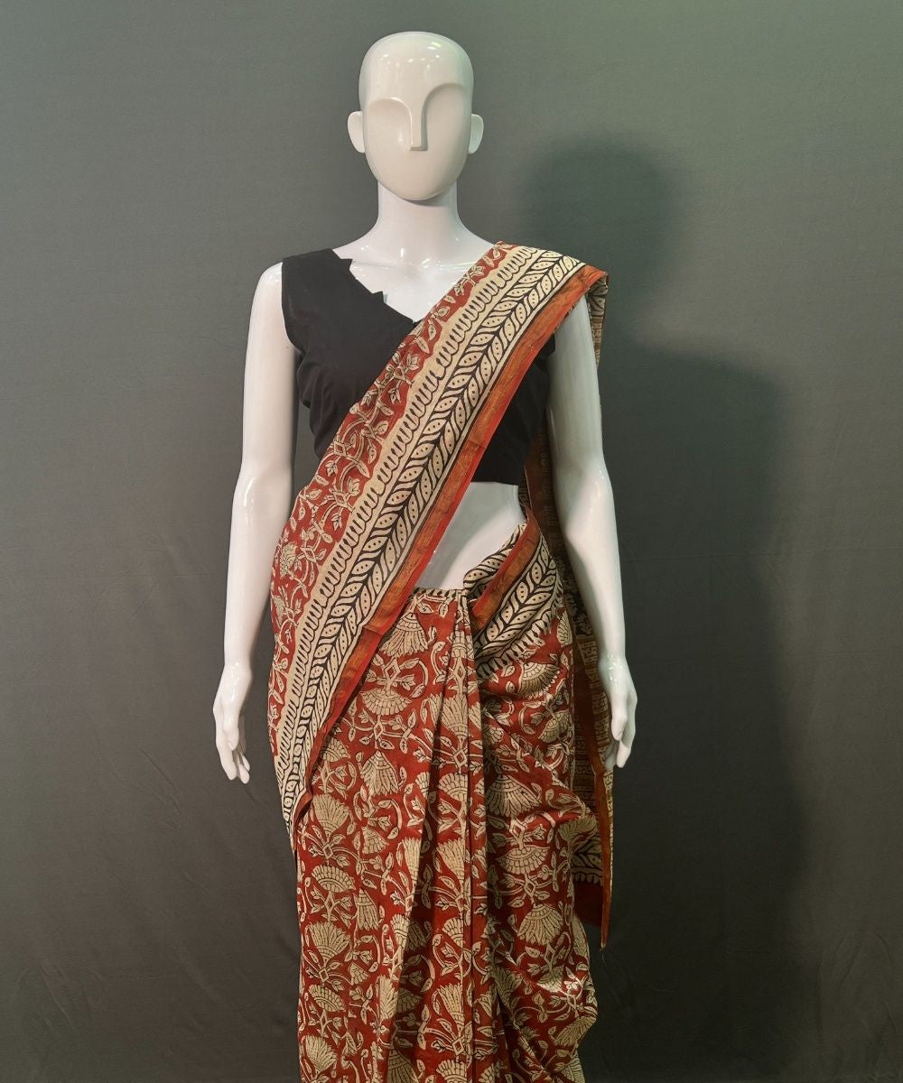 Brown hand block printed chanderi silk saree