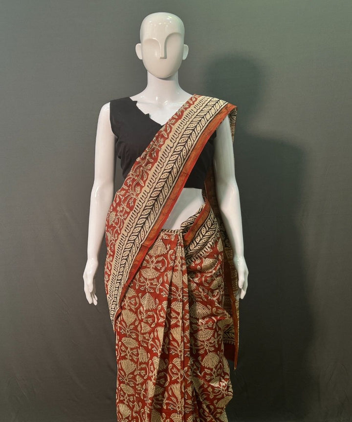 Brown hand block printed chanderi silk saree