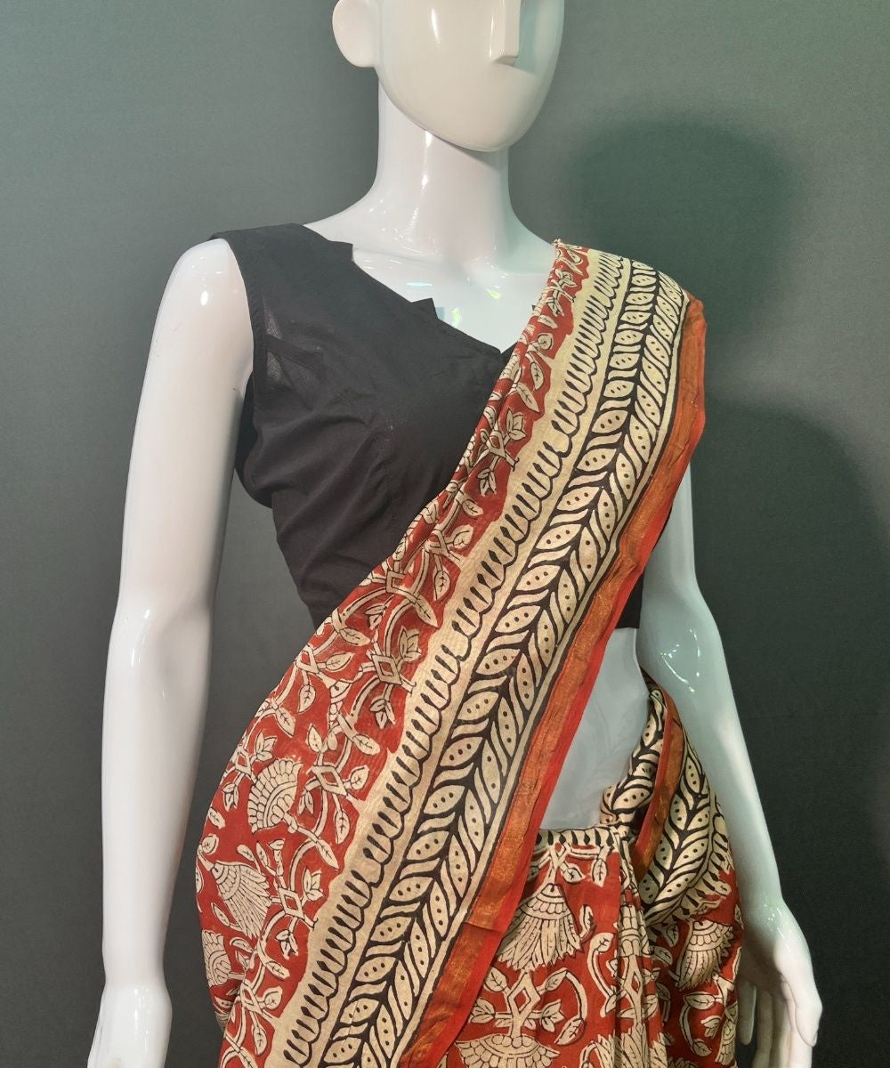 Brown hand block printed chanderi silk saree