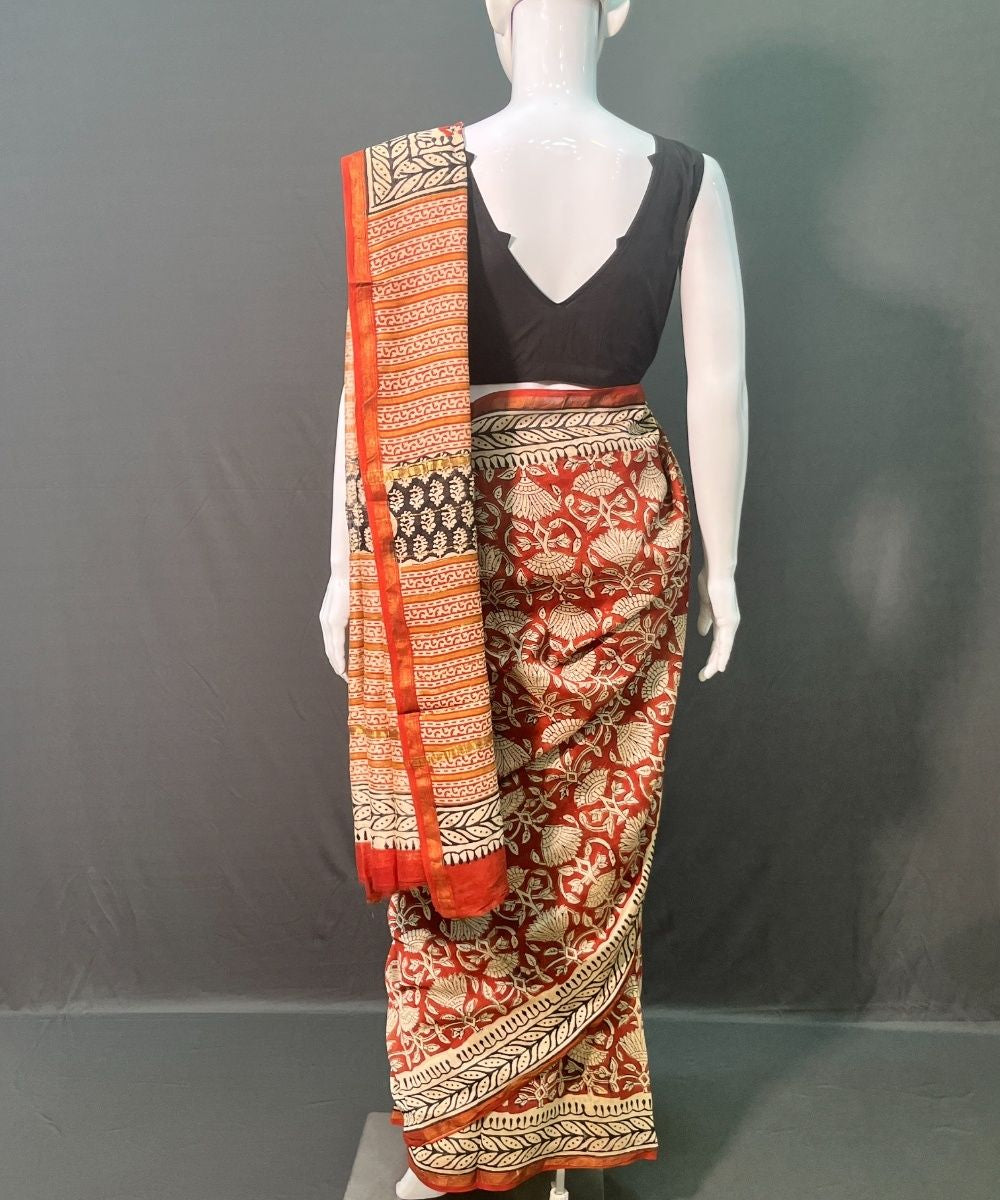 Brown hand block printed chanderi silk saree