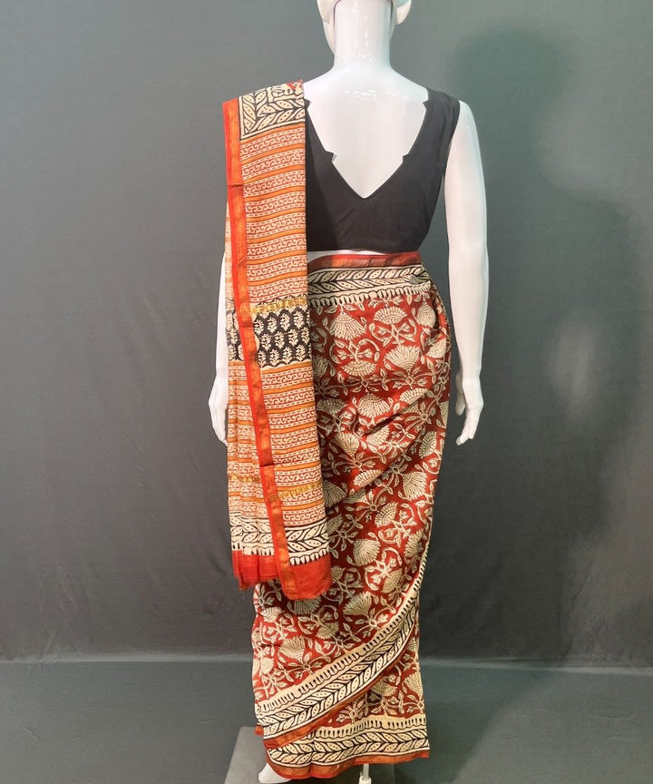 Brown hand block printed chanderi silk saree