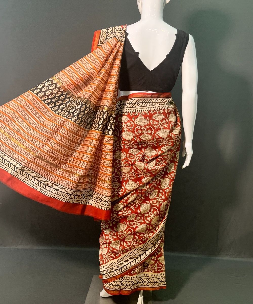 Brown hand block printed chanderi silk saree