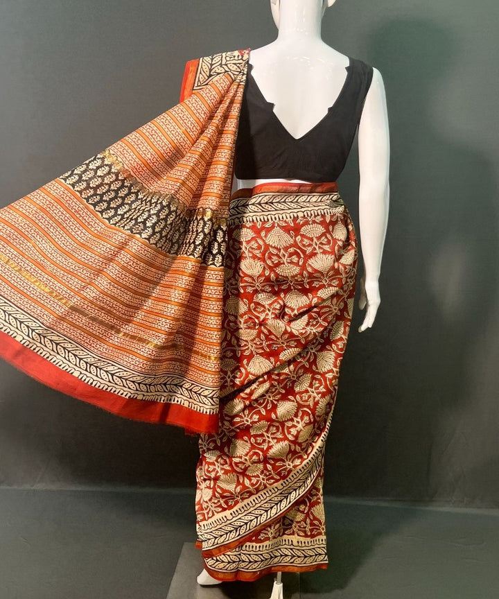 Brown hand block printed chanderi silk saree