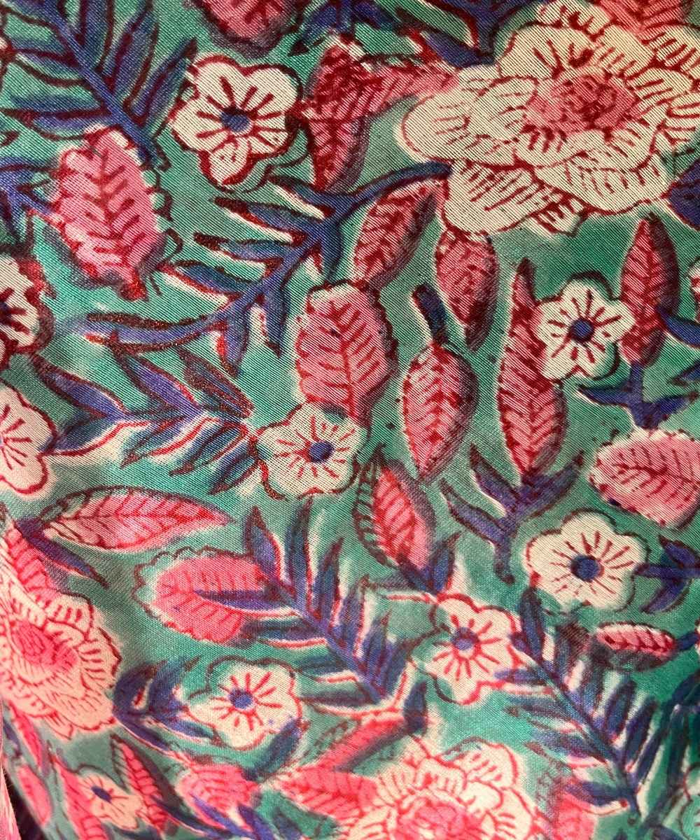 Blue pink hand block printed chanderi silk saree