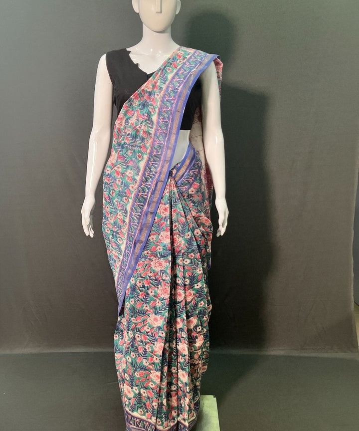 Blue pink hand block printed chanderi silk saree