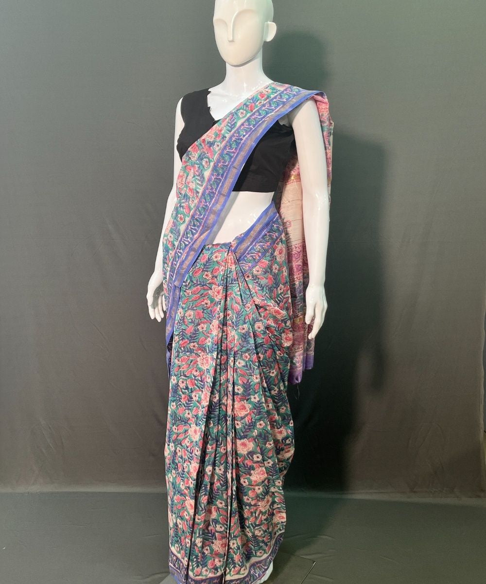 Blue pink hand block printed chanderi silk saree