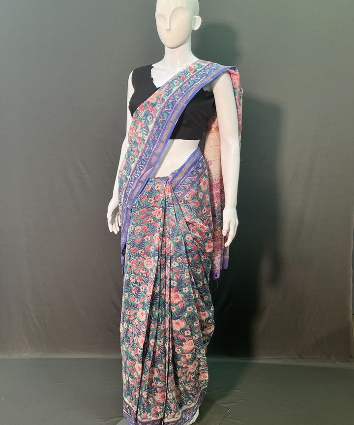 Blue pink hand block printed chanderi silk saree