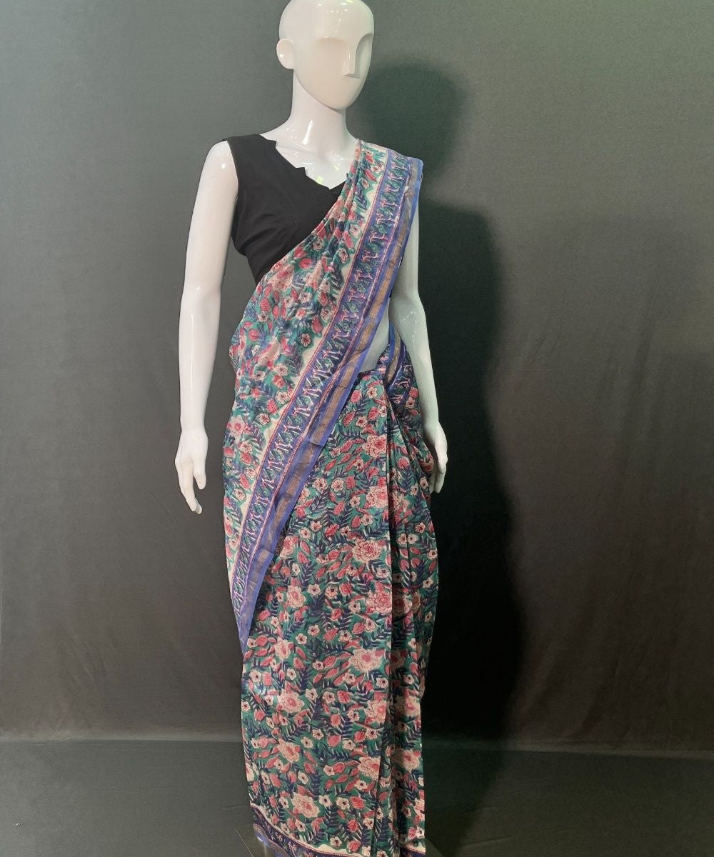 Blue pink hand block printed chanderi silk saree