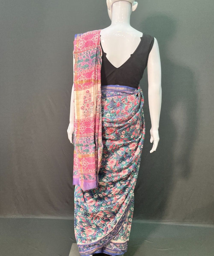 Blue pink hand block printed chanderi silk saree