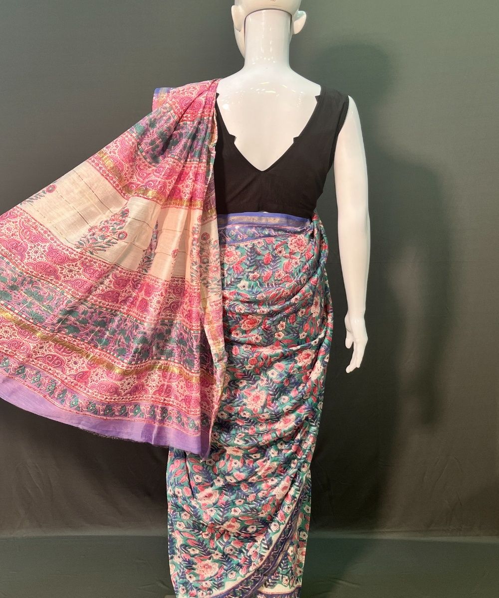 Blue pink hand block printed chanderi silk saree