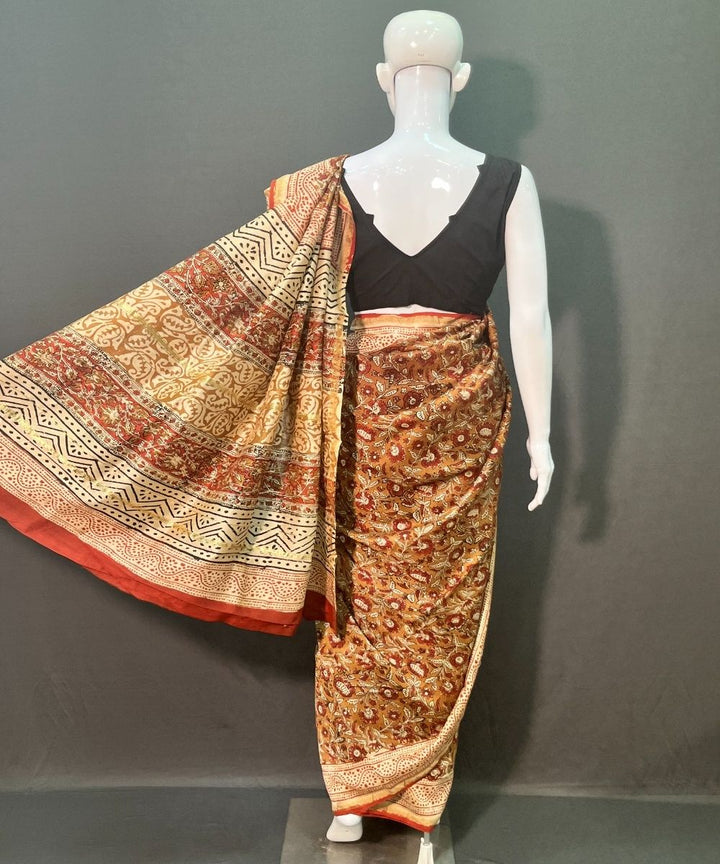 Olive green hand block printed chanderi silk saree