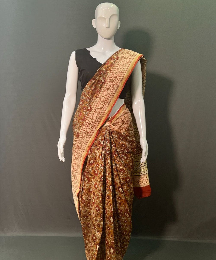 Olive green hand block printed chanderi silk saree