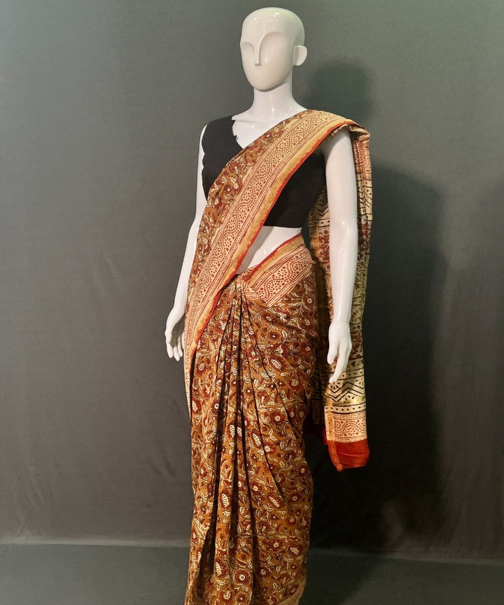 Olive green hand block printed chanderi silk saree