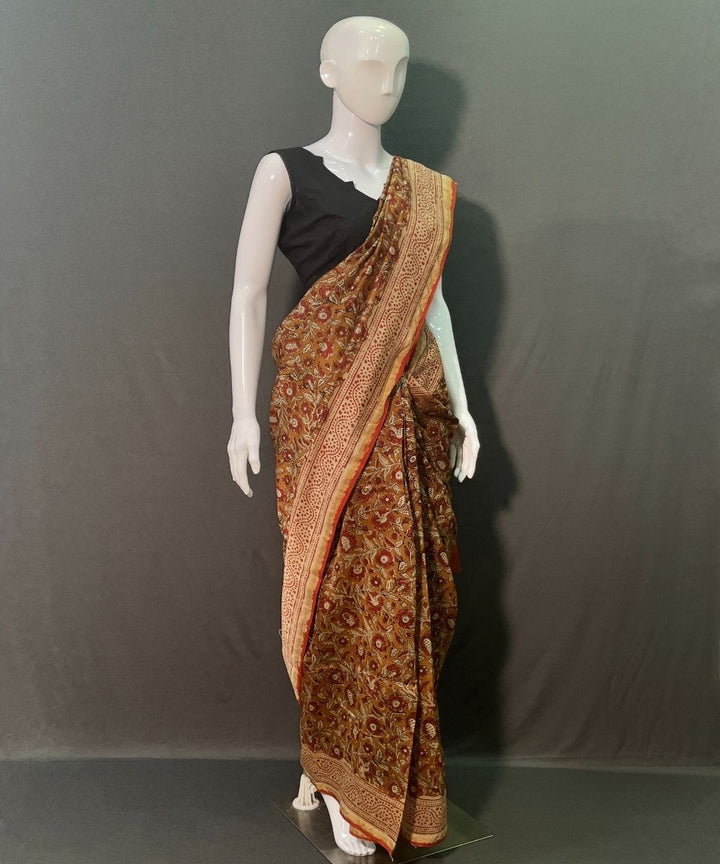 Olive green hand block printed chanderi silk saree